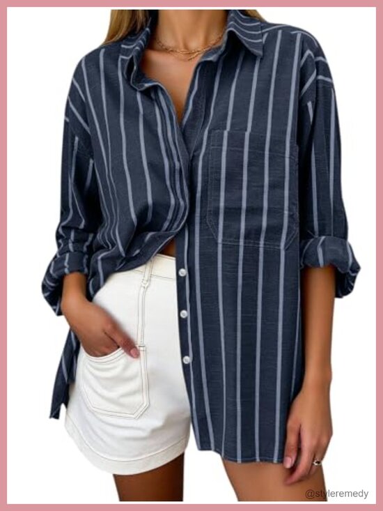 Tops - Oversized Cotton Oxford Button Down Shirt Long Sleeve Collared Blouse